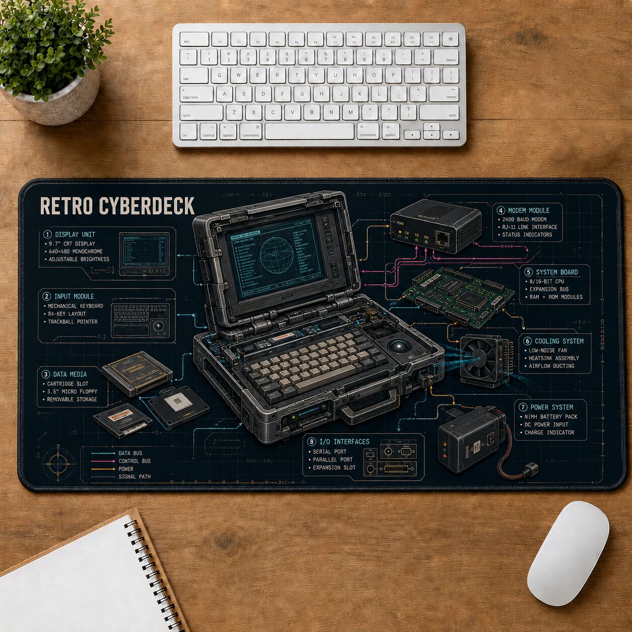 Retro Cyberdeck Futuristic Technical Guide Desk Mat | 5To9Vibe