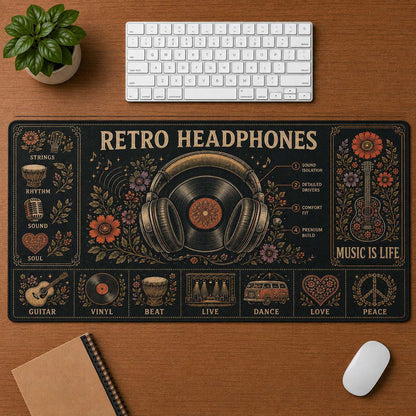 Retro Headphones Hippie Desk Mat Mouse Pad | 5To9Vibe - Retro Headphones style