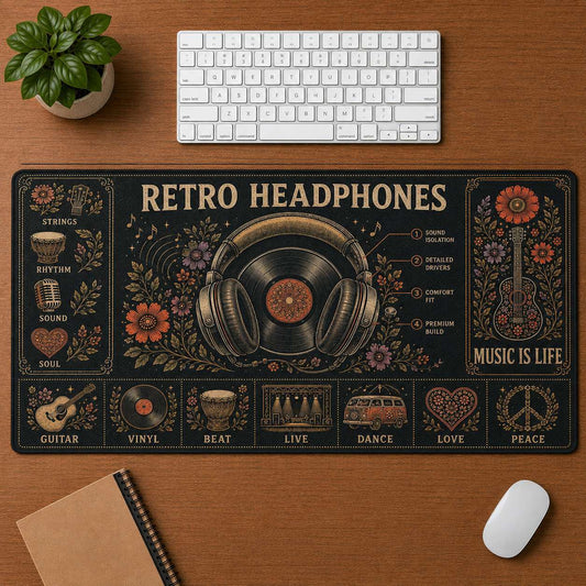 Retro Headphones Hippie Desk Mat Mouse Pad | 5To9Vibe - Retro Headphones style