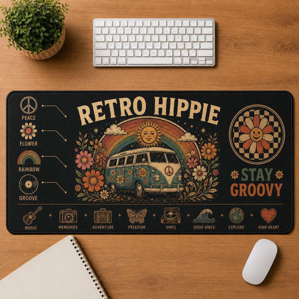 Smiley Face Hippie Desk Mat Mouse Pad | 5To9Vibe - Retro Hippie style