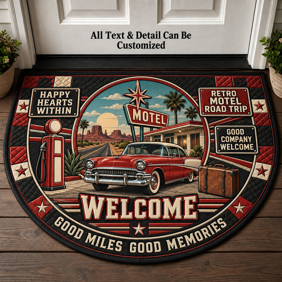 Retro Motel Road Trip Personalized Half Round Mat | 5To9Vibe