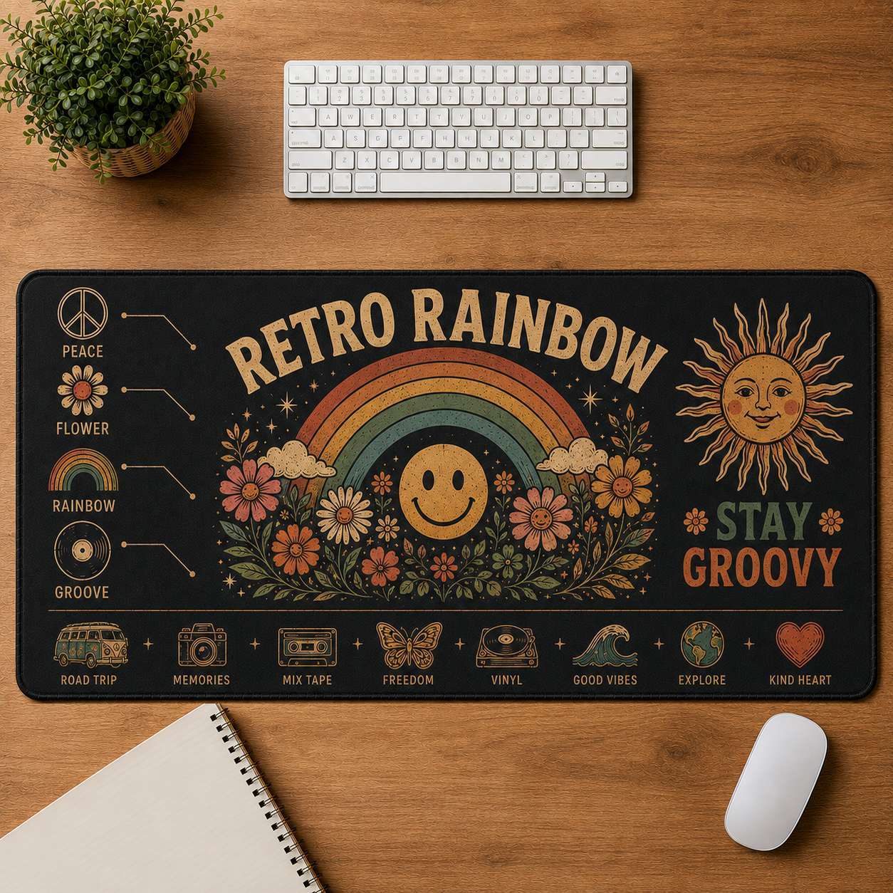 Smiley Face Hippie Desk Mat Mouse Pad | 5To9Vibe - Retro Rainbow style