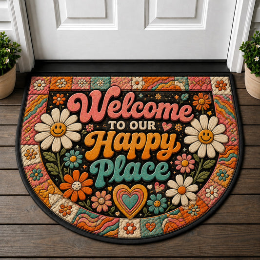 Welcome To Our Happy Place Doormat - Retro Daisy Groovy Smiling Flower Welcome Mat - 5to9vibe