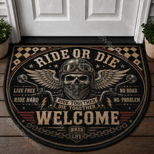 Ride or Die Welcome Mat - Biker Skull Motorcycle Outdoor Doormat - 5to9vibe