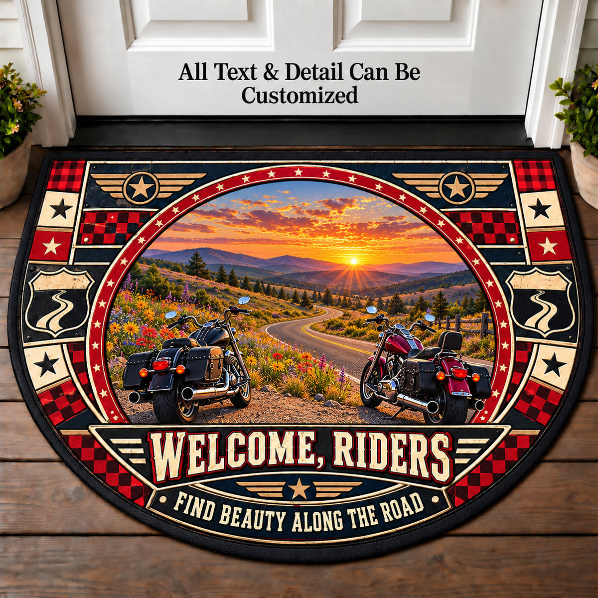 Blacktop Wildflowers - Riders Welcome Personalized Half Round Mat | 5To9Vibe