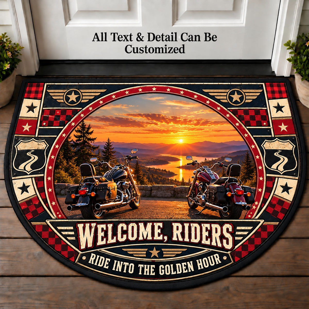 Cruiser at Dusk - Riders Welcome Personalized Half Round Mat | 5To9Vibe