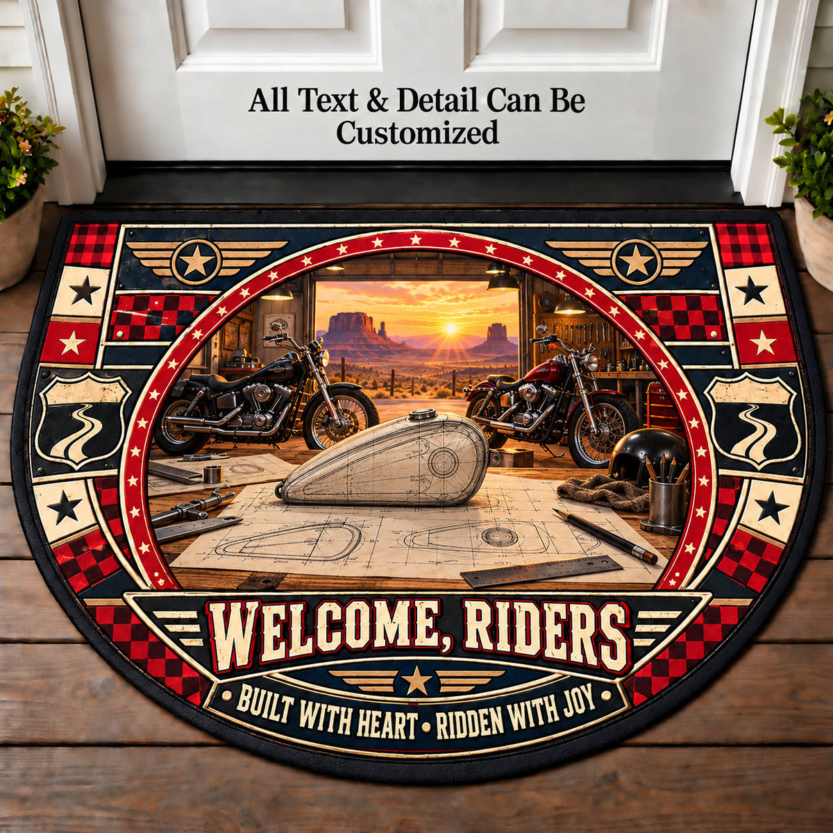 Custom Tank Sketch - Riders Welcome Personalized Half Round Mat | 5To9Vibe