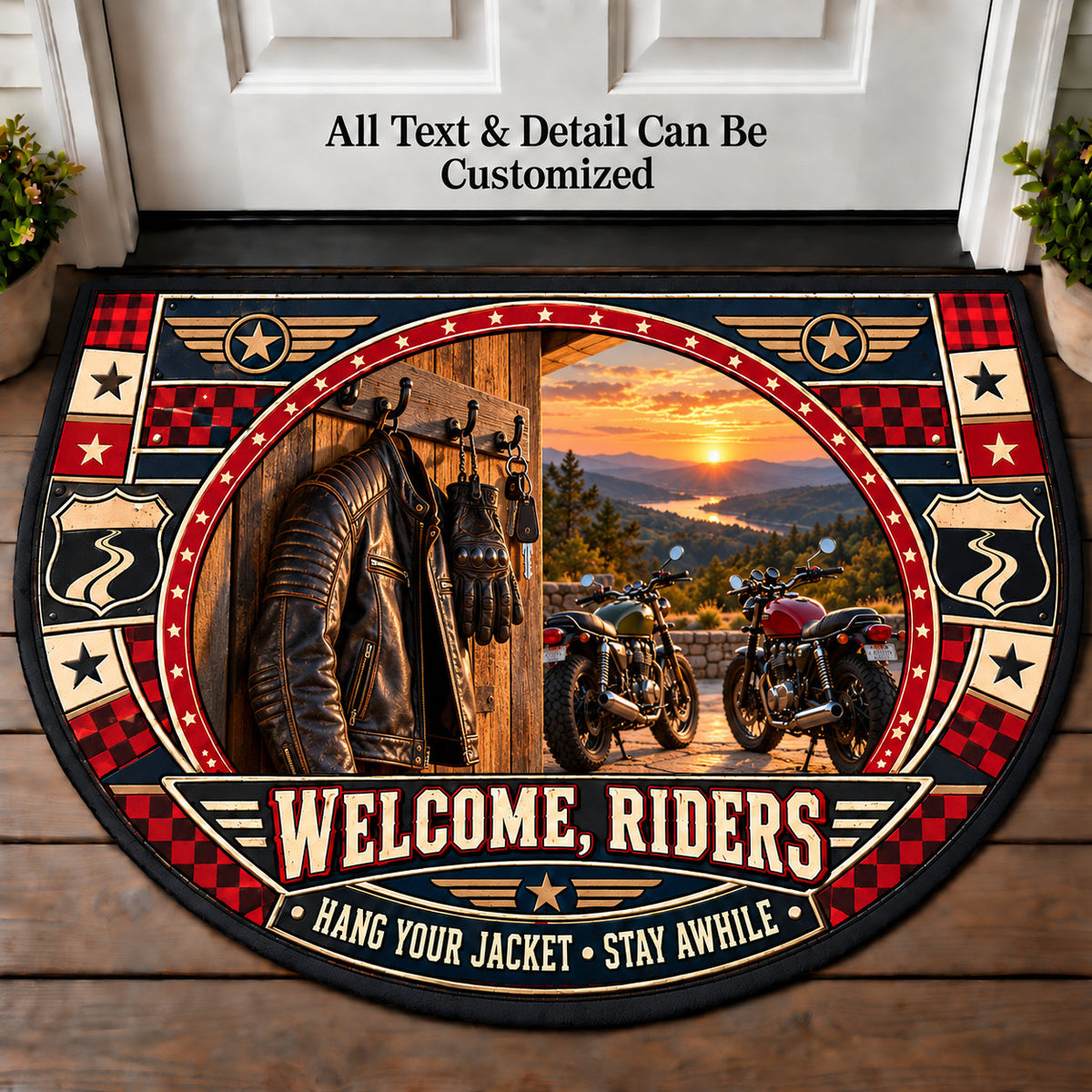 Leather Jacket Entry - Riders Welcome Personalized Half Round Mat | 5To9Vibe