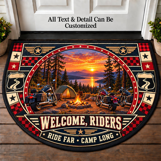 Motorcycle Campout - Riders Welcome Personalized Half Round Mat | 5To9Vibe
