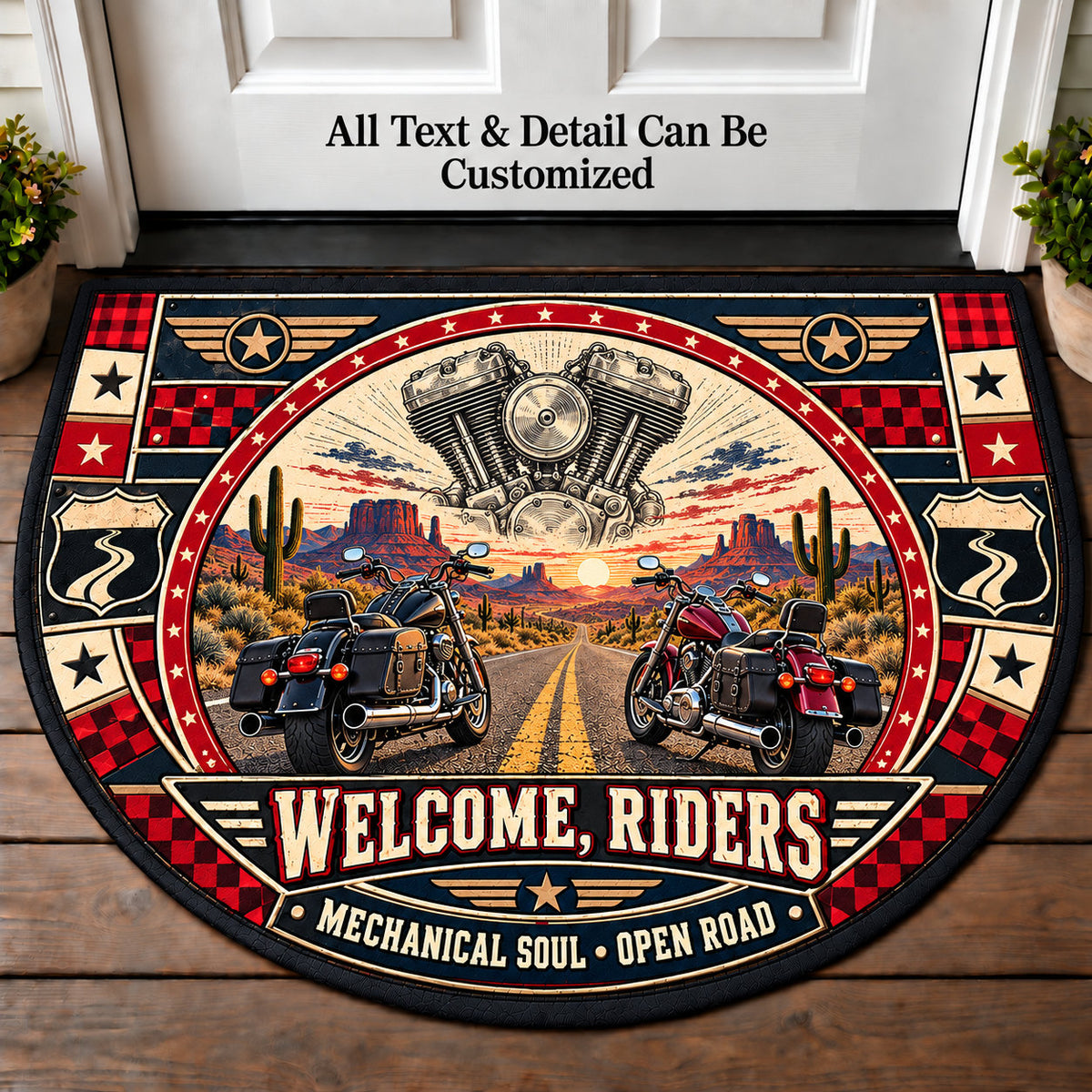 Twin Cylinder Drawing - Riders Welcome Personalized Half Round Mat | 5To9Vibe