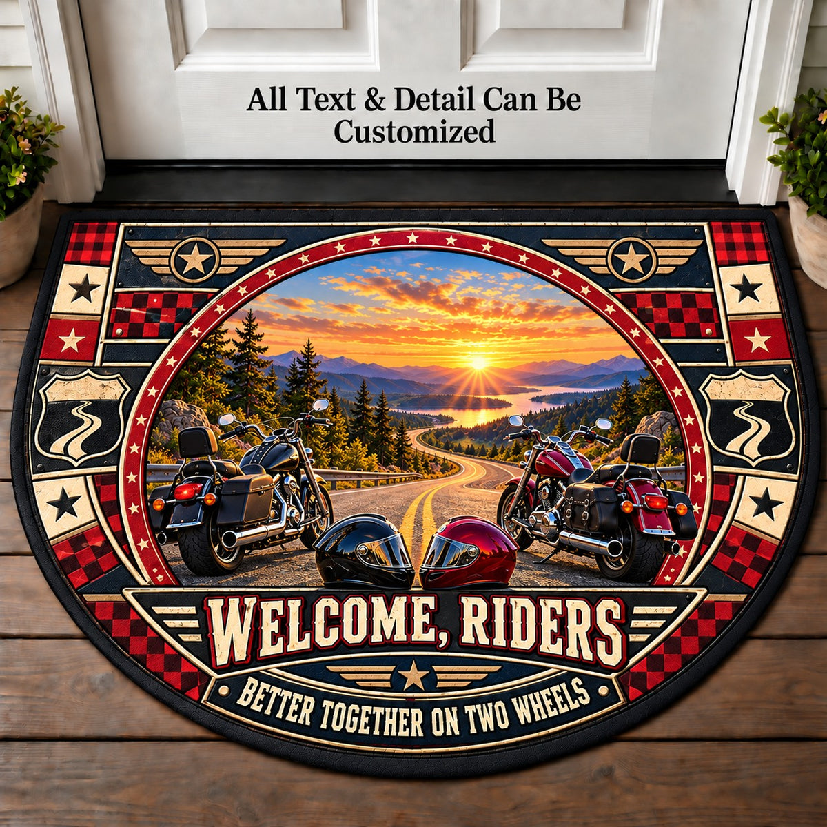 Two Helmets One Road - Riders Welcome Personalized Half Round Mat | 5To9Vibe