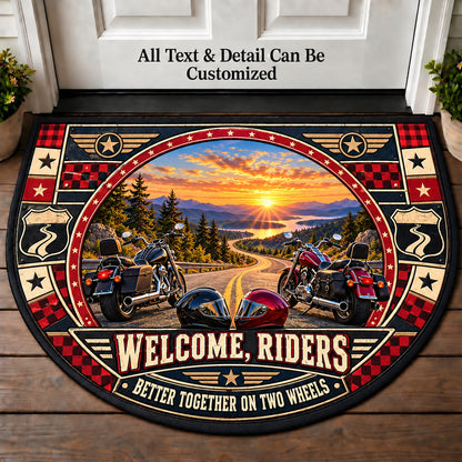 Two Helmets One Road - Riders Welcome Personalized Half Round Mat | 5To9Vibe