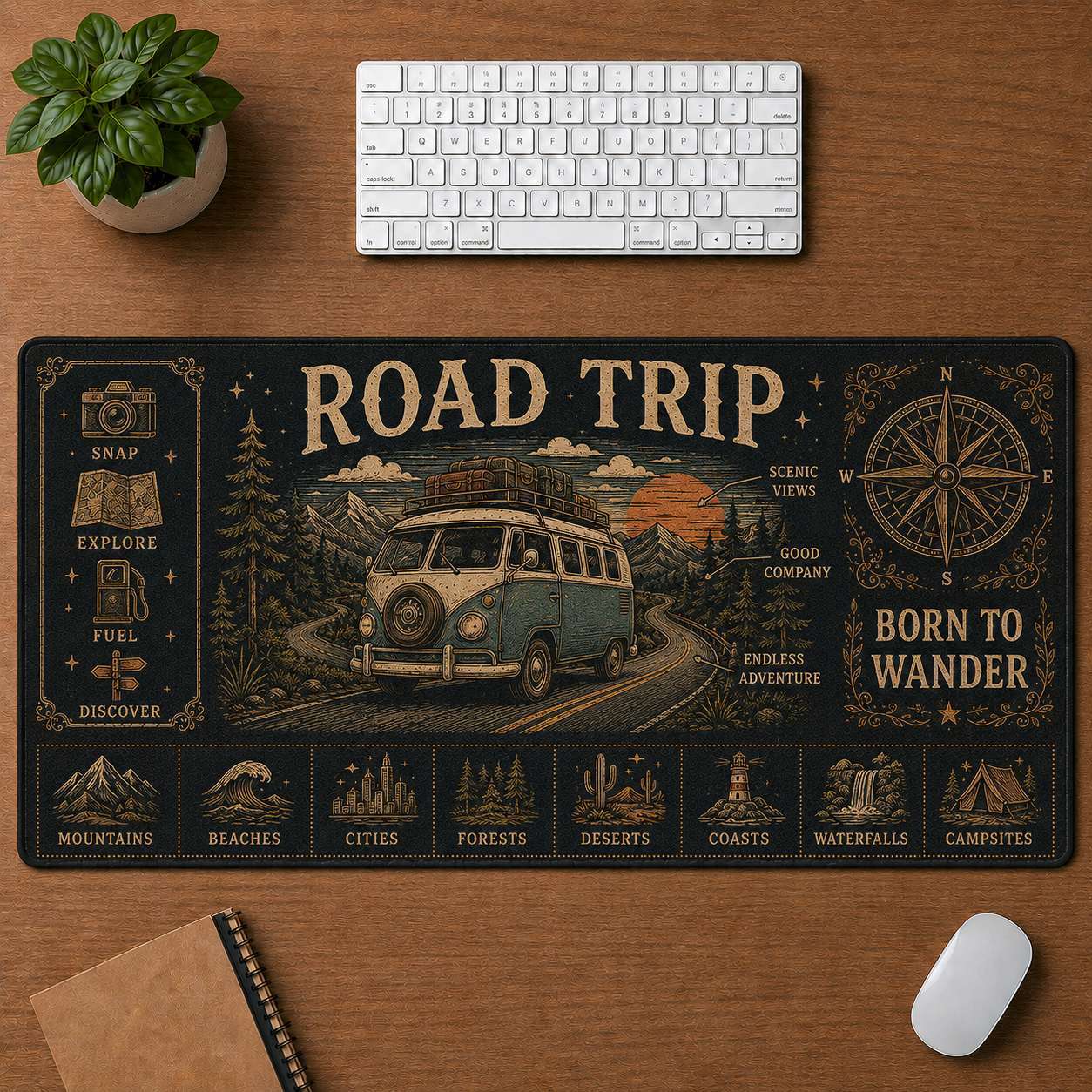 Mountain Camping Hippie Desk Mat Mouse Pad | 5To9Vibe - Road Trip style