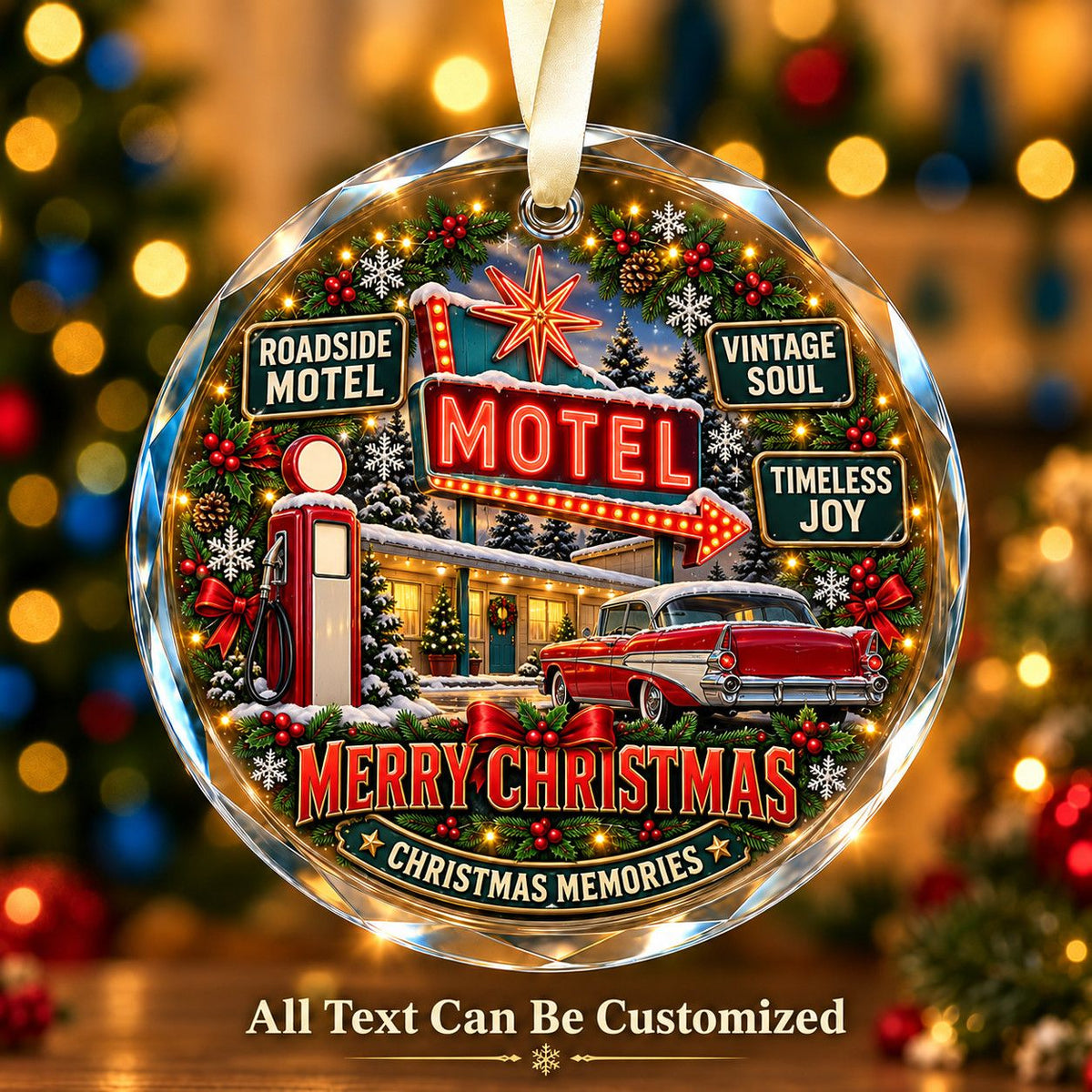 Roadside Motel Personalized Glass Ornament | 5To9Vibe