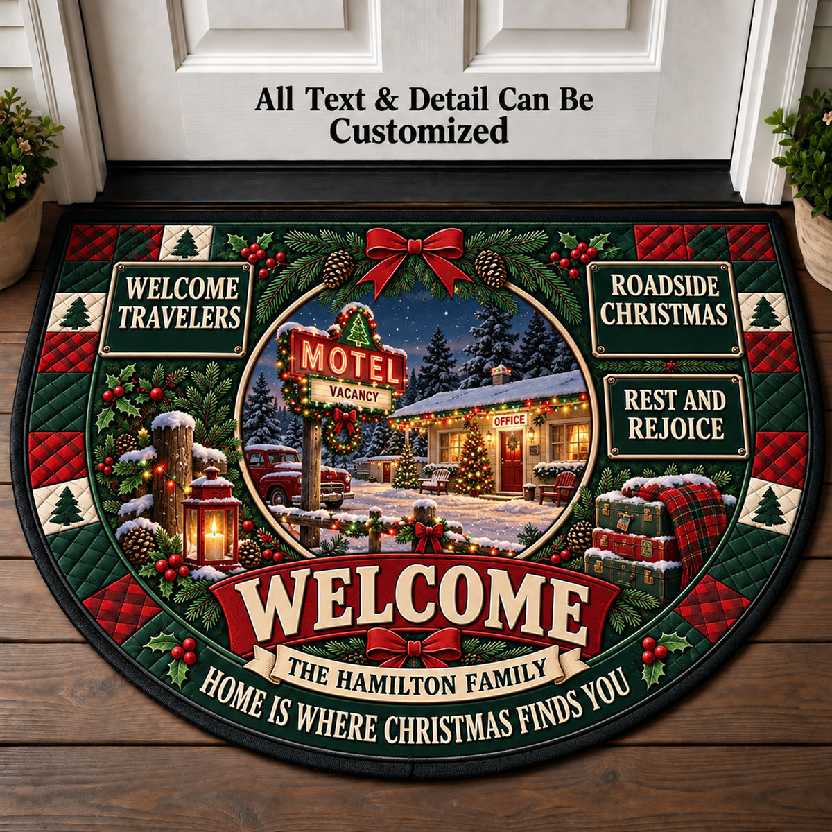 Roadside Motel Christmas Personalized Half Round Mat | 5To9Vibe