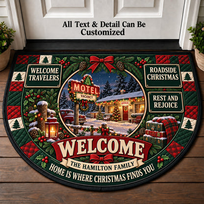 Roadside Motel Christmas Personalized Half Round Mat | 5To9Vibe