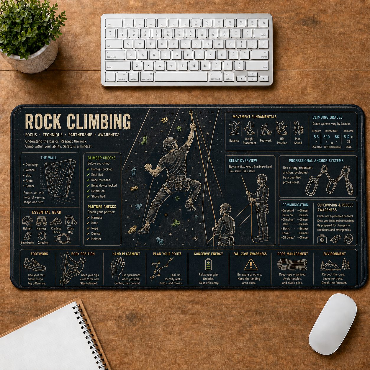 Rock Climbing Sports Visual Guide Desk Mat | 5To9Vibe