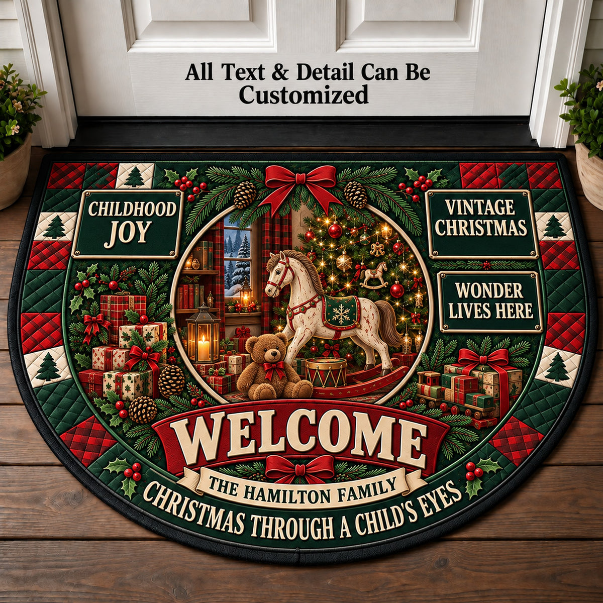Rocking Horse Christmas Personalized Half Round Mat | 5To9Vibe