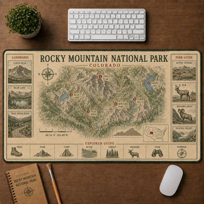 Rocky Mountain National Park Vintage Topographic Park Map Explorer Guide Desk Mat | 5To9Vibe