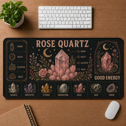 Crystal & Flowers Hippie Desk Mat Mouse Pad | 5To9Vibe - Rose Quartz style