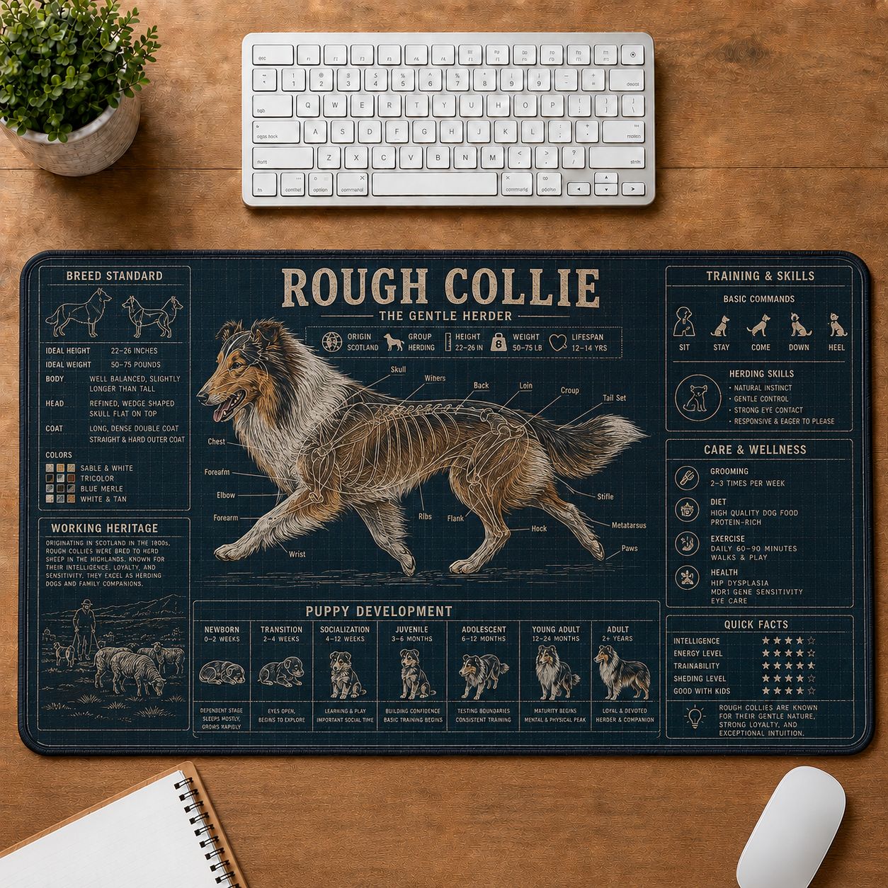 Rough Collie Dog Breed Visual Guide Desk Mat | 5To9Vibe