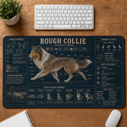 Rough Collie Dog Breed Visual Guide Desk Mat | 5To9Vibe