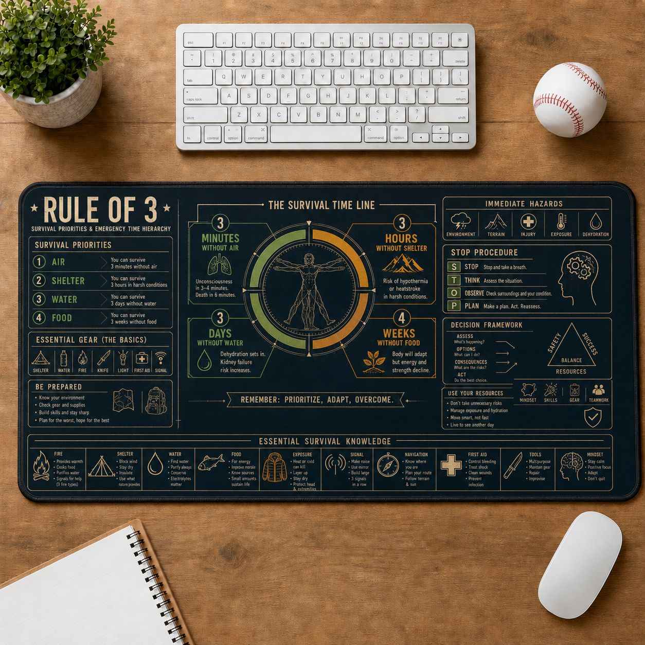 Survival Rule of Three Outdoor Skills Field Guide Desk Mat | 5To9Vibe