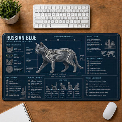 Russian Blue Cat Breed Desk Mat Anatomy Guide | 5To9Vibe