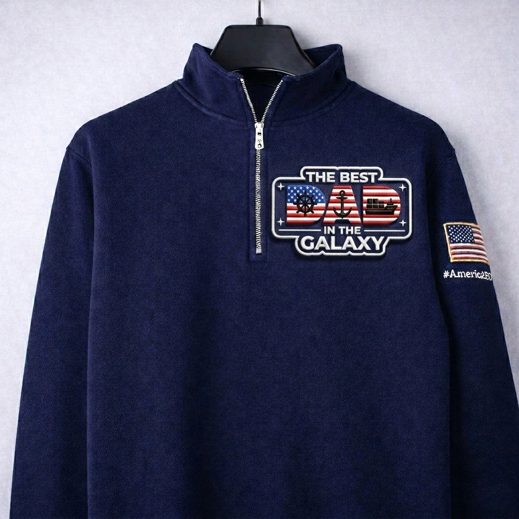 Capitán de Barco El Mejor Papá de la Galaxia América 250 Aniversario Logotipo Bordado Sudadera Premium con Cuello de Cremallera, Sudadera Inspirada con Cuello de Cremallera
