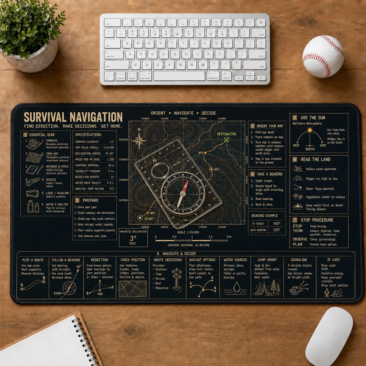 Survival Navigation Outdoor Skills Field Guide Desk Mat | 5To9Vibe