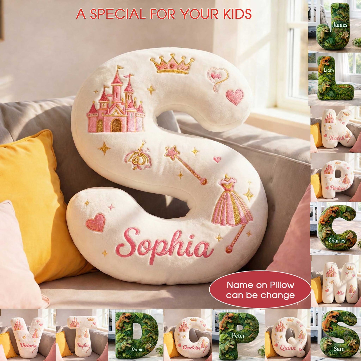 Dino and Princess Pillow Custom Name Gift  For Girls, Boys Irregular-Shaped Pillow Custom