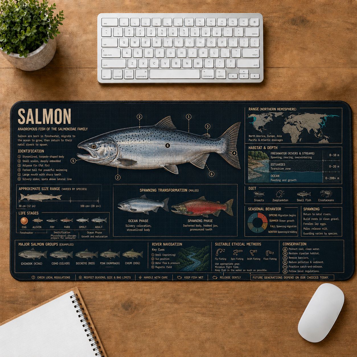 Salmon Fishing Field Guide Desk Mat | 5To9Vibe