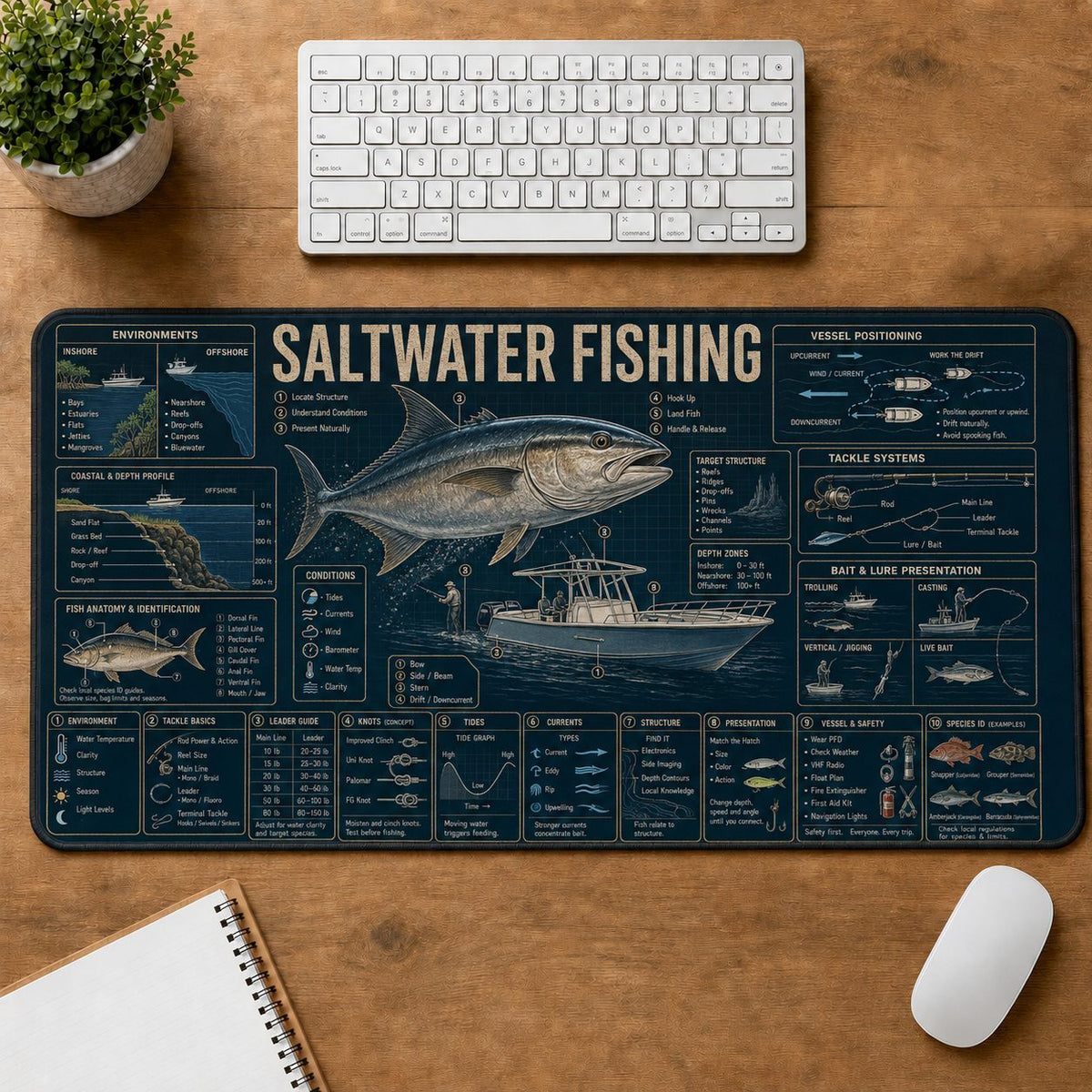 Saltwater Fishing Sports Visual Guide Desk Mat | 5To9Vibe