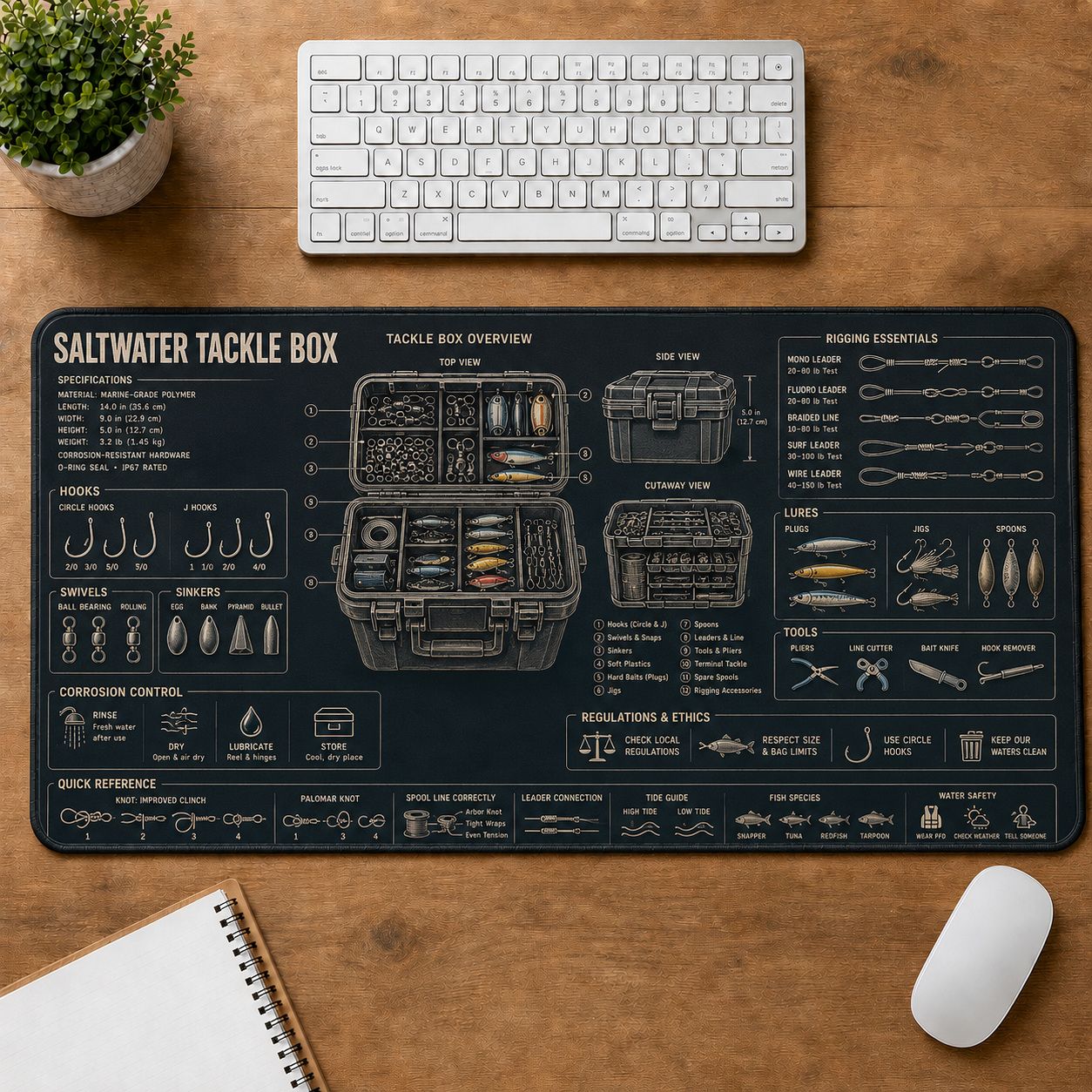Saltwater Tackle Box Fishing Field Guide Desk Mat | 5To9Vibe
