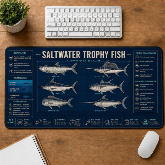 Saltwater Trophy Fish Collection Fishing Field Guide Desk Mat | 5To9Vibe