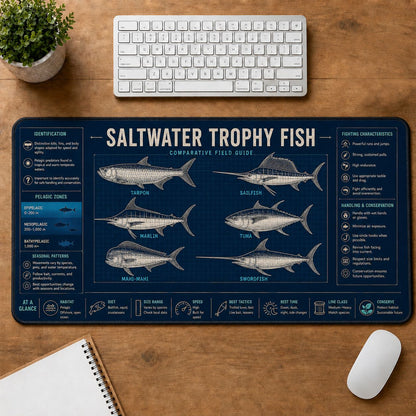 Saltwater Trophy Fish Collection Fishing Field Guide Desk Mat | 5To9Vibe