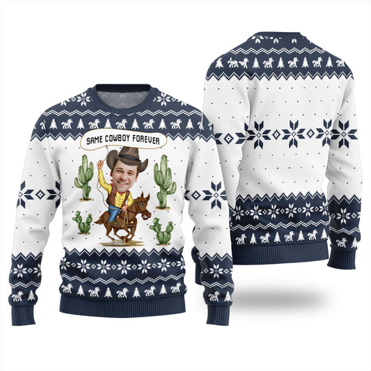 Same Cowboy Forever Custom Face Ugly Christmas Sweater Western Navy