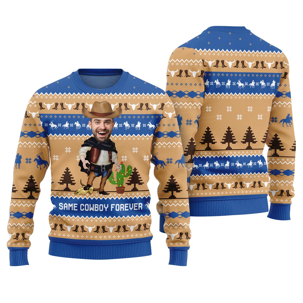 Same Cowboy Forever Ugly Christmas Sweater Custom Face Royal