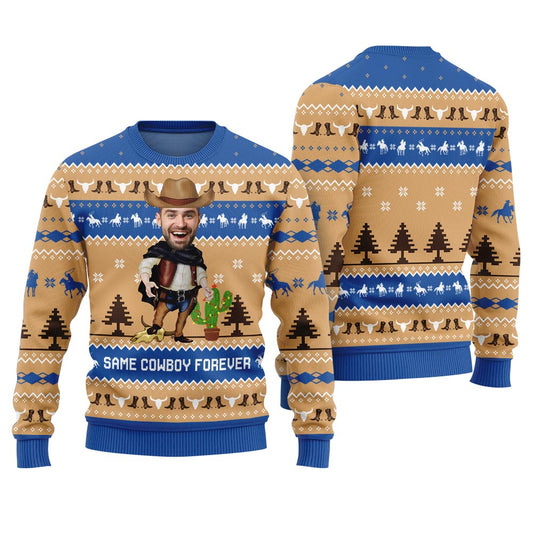 Same Cowboy Forever Ugly Christmas Sweater Custom Face Royal