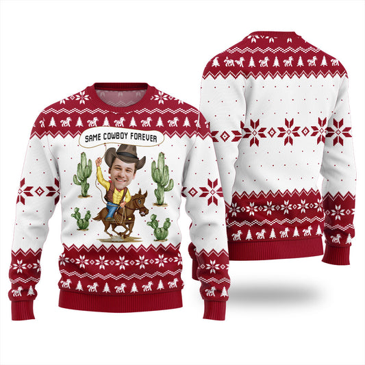 Same Cowboy Forever Western Ugly Christmas Sweater Custom Face Red