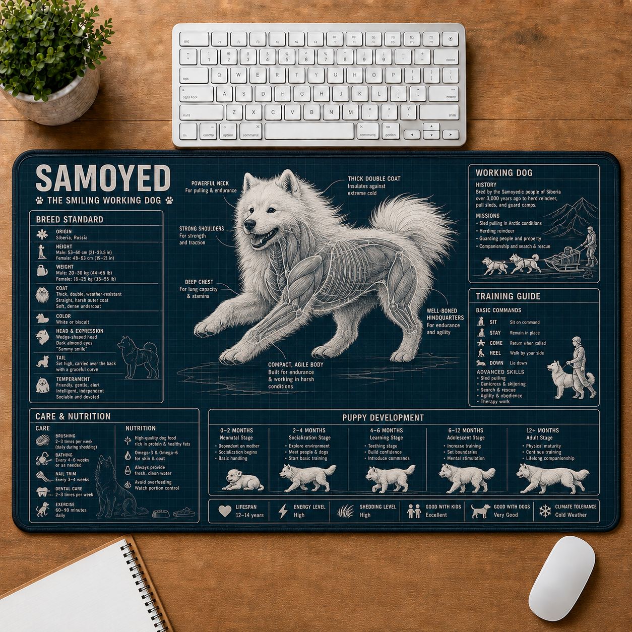 Samoyed Dog Breed Visual Guide Desk Mat | 5To9Vibe