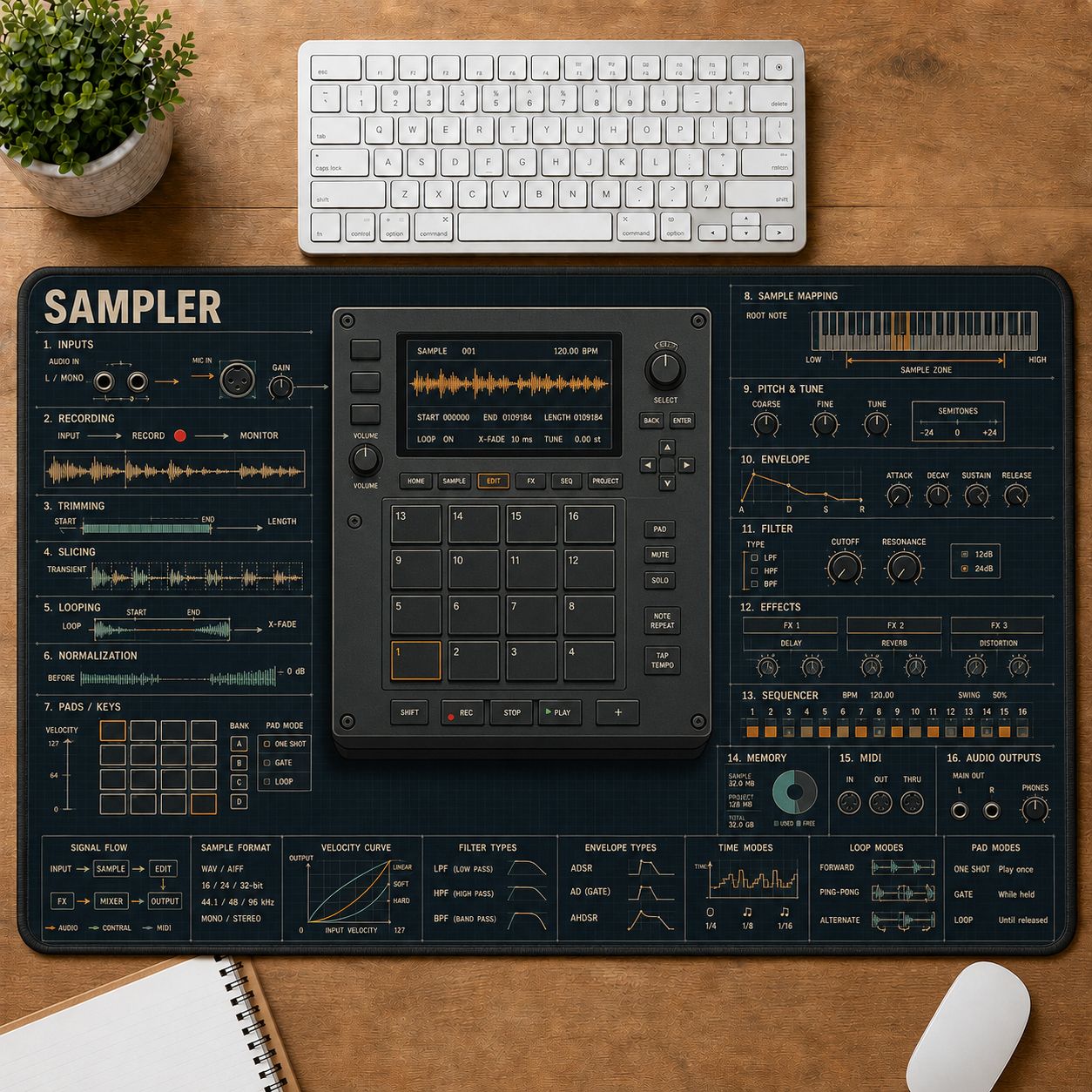 Sampler Musical Instrument Blueprint Guide Desk Mat | 5To9Vibe