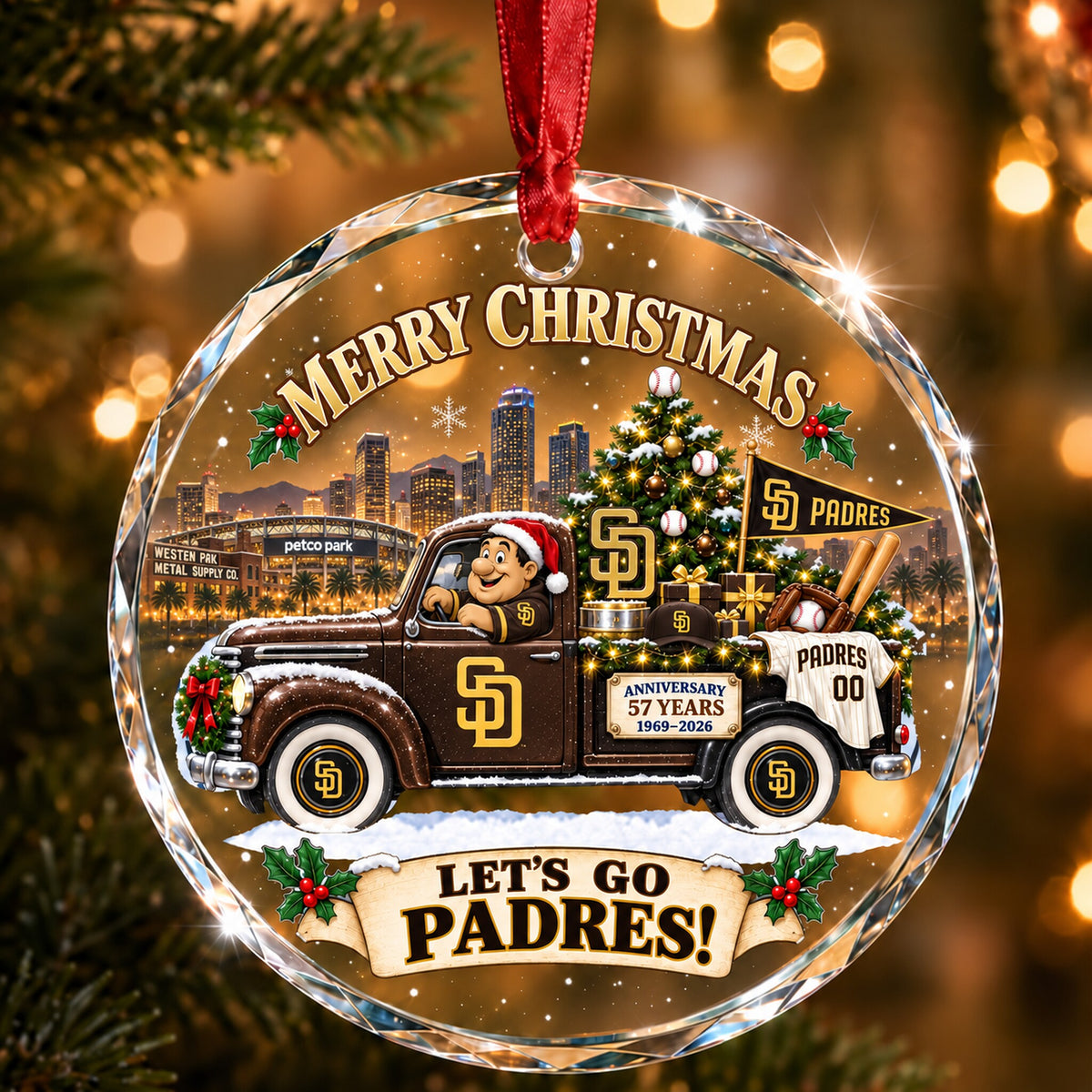 All Baseball Teams Christmas Truck Round Glass Ornament  With Red Gift Box | 5to9vibe