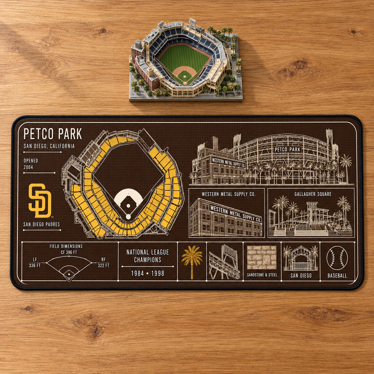 San Diego Padres Petco Park blueprint desk mat, 16" x 32", on a wooden desk with a decorative stadium model