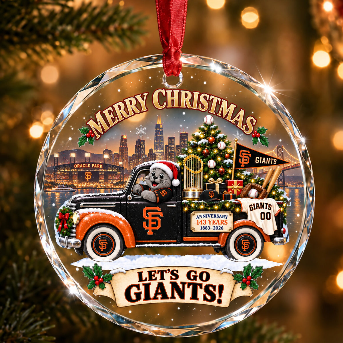 All Baseball Teams Christmas Truck Round Glass Ornament  With Red Gift Box | 5to9vibe
