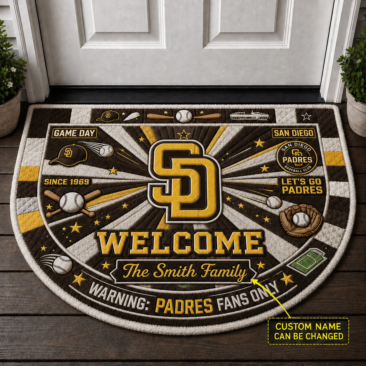 Official-Inspired Baseball Fan Custom Quilted Print Premium Welcome Mat Washable Black Border – Personalized Baseball Doormat