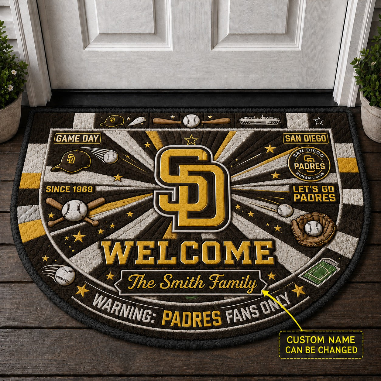 Official-Inspired Baseball Fan Custom Quilted Print Premium Welcome Mat Washable Black Border – Personalized Baseball Doormat