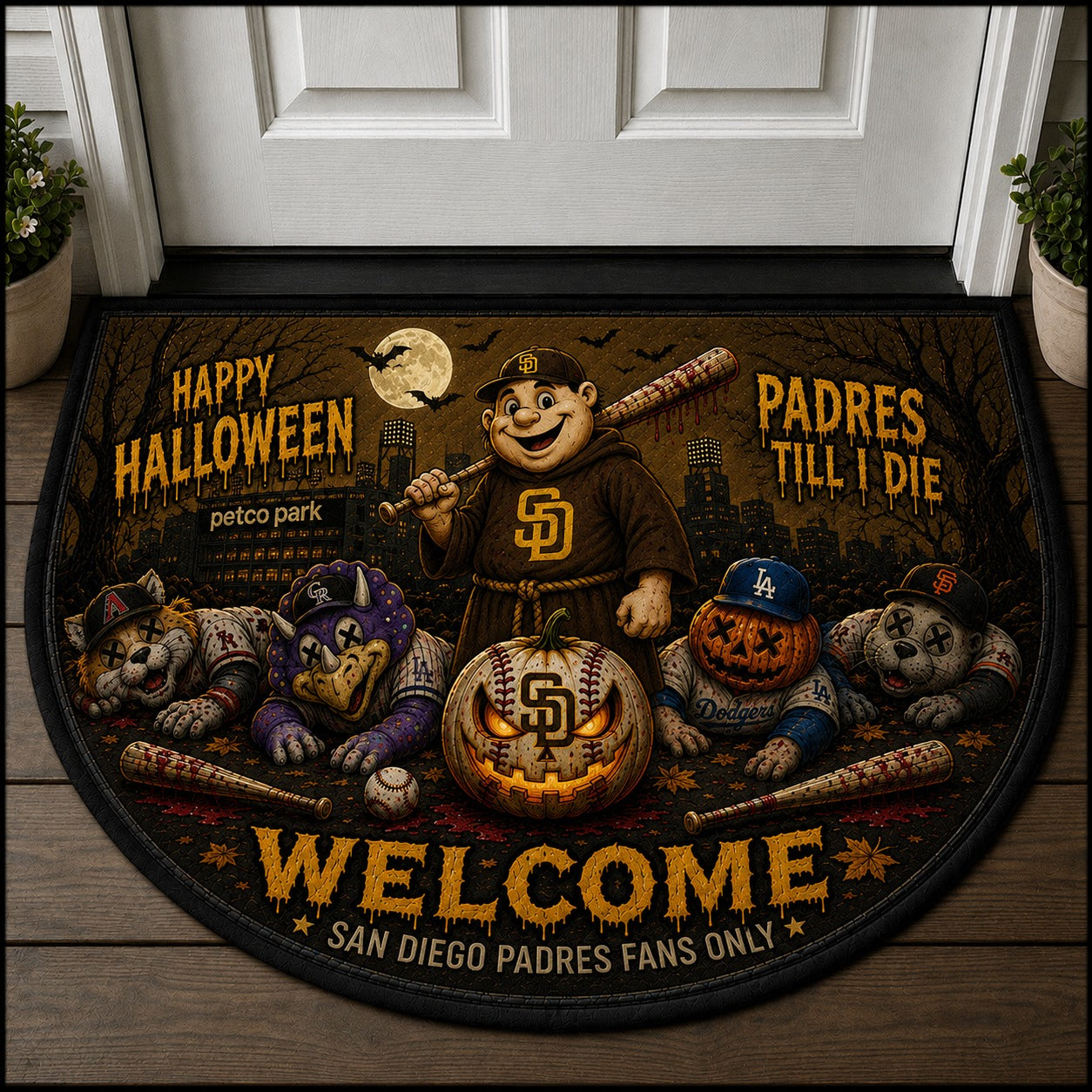 Baseball Halloween All Teams Custom Quilted Print Premium Welcome Mat – Personalized Baseball Doormat