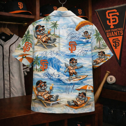 SFG Baseball Mascot Beach Viber With Player Signature  Button-Up Unisex Hawaiian Shirt For Men & Women
