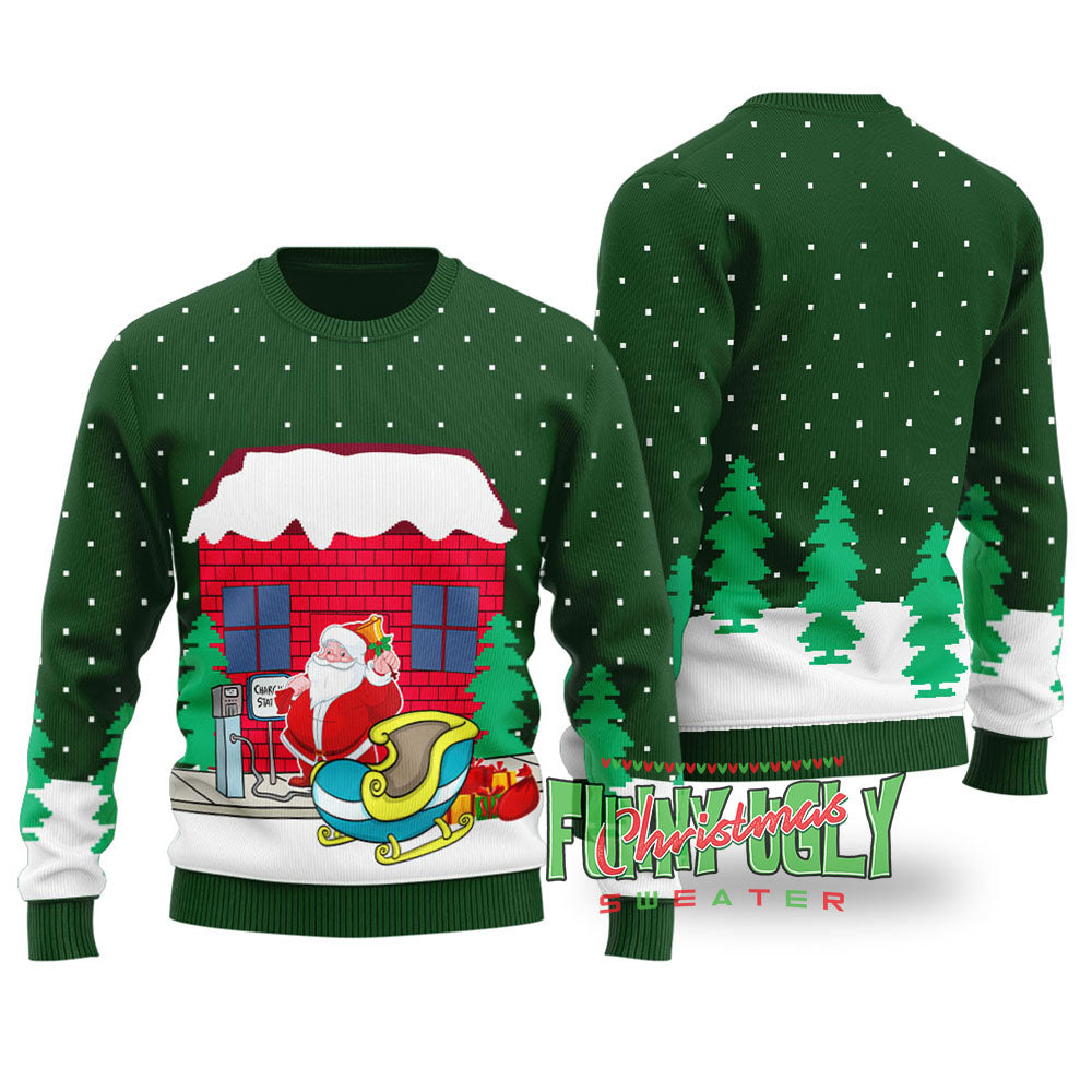 Santa Charging Station Funny Christmas Sweater Forest Green